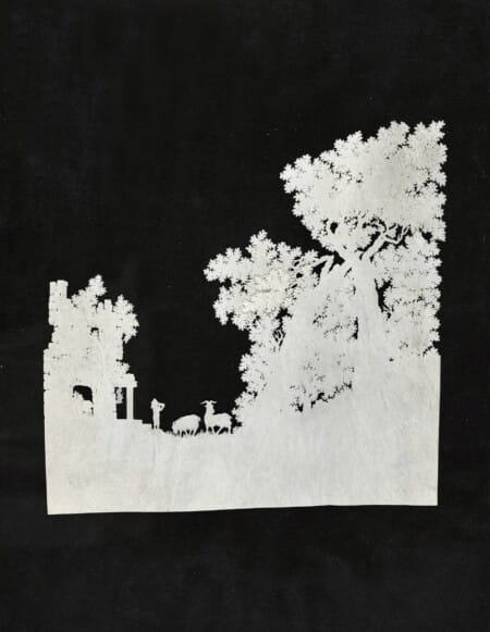 Landschaft mit Kind und Ziegenpaar - Scherenschnitt (Weissschnitt) <br><span class="got-person">Laurent Agasse</span>
