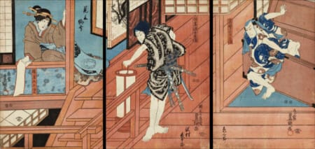 Raubüberfall. Holzschnitt von Utagawa Kunisada. Tryptychon